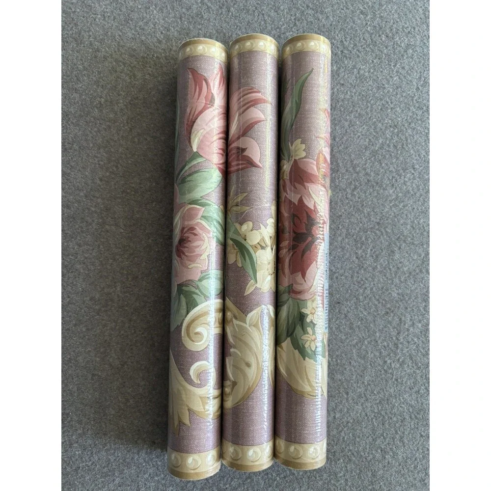 VTG Sunworthy Wallpaper Border 3 Rolls Floral w/ Scroll Pink Mauve Gold Cottage